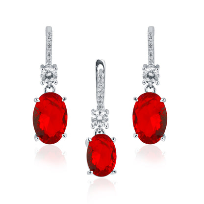 Silver Oval Ruby Pendant and Earring Set