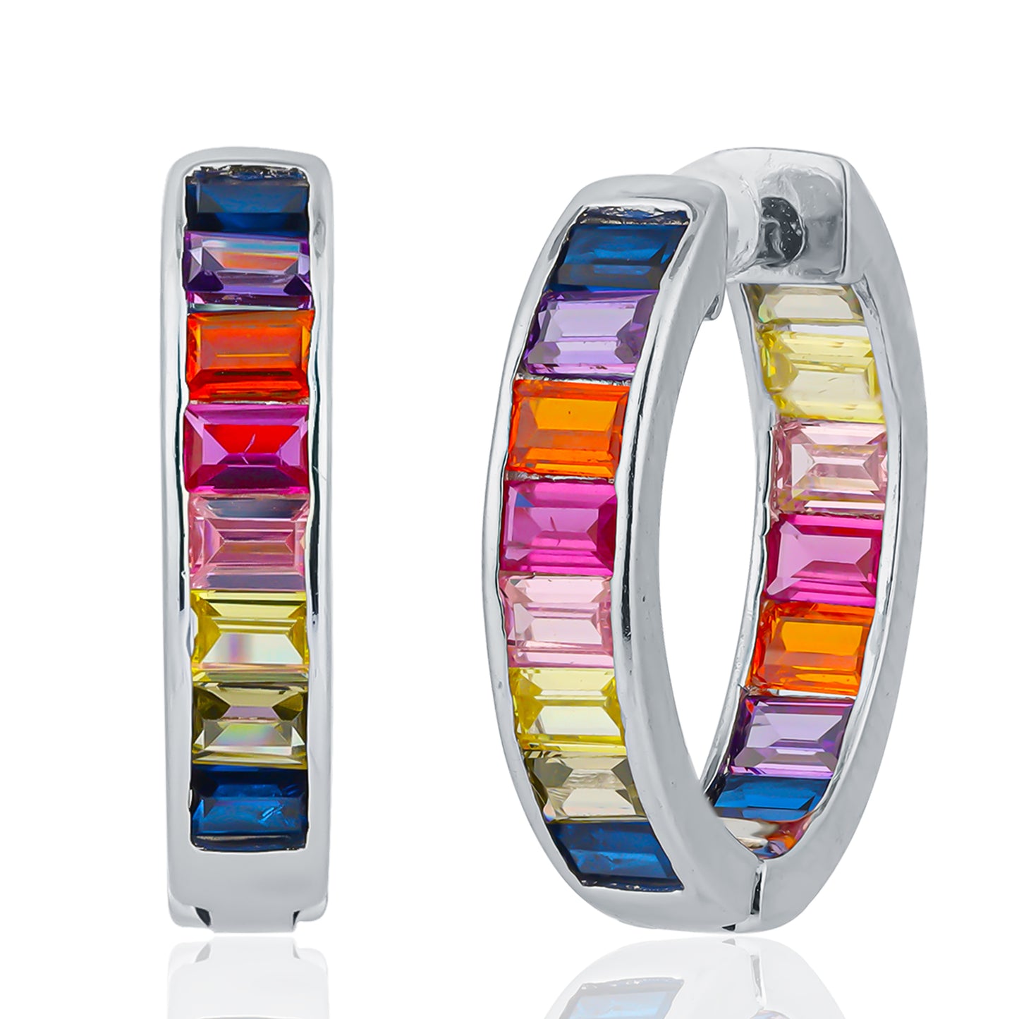 Silver Rainbow Sapphire Baguette Hoop Earring 14MM