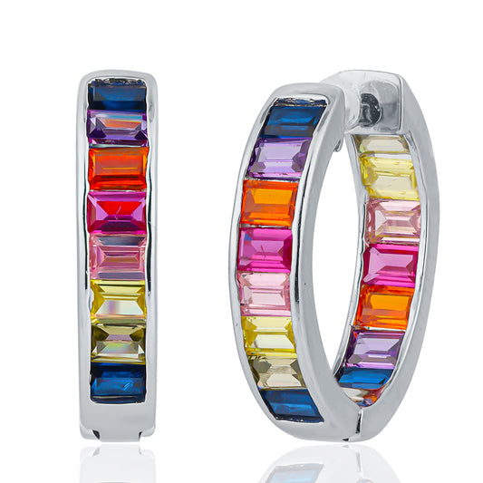 Silver Rainbow Sapphire Baguette Hoop Earring 14MM