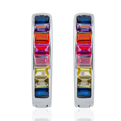 Silver Rainbow Sapphire Baguette Hoop Earring 14MM