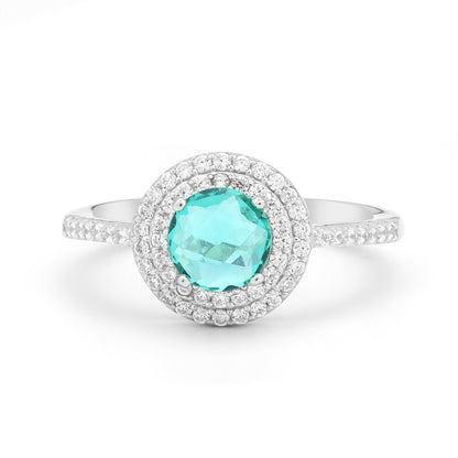 Simulated Diamond Paraiba Tourmaline Double Halo Ring