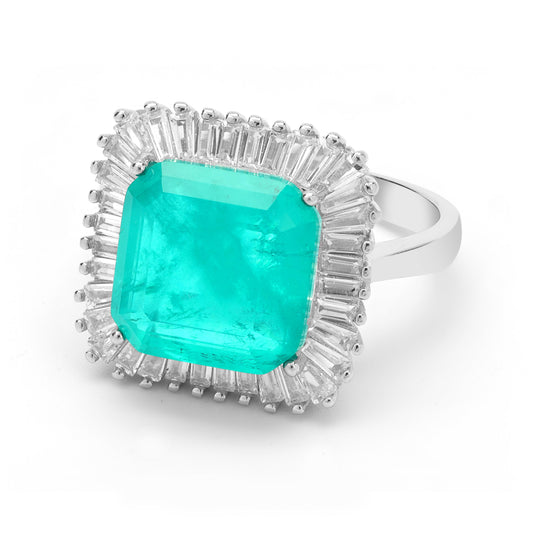 Sparkling Emerald Cocktail Silver Ring