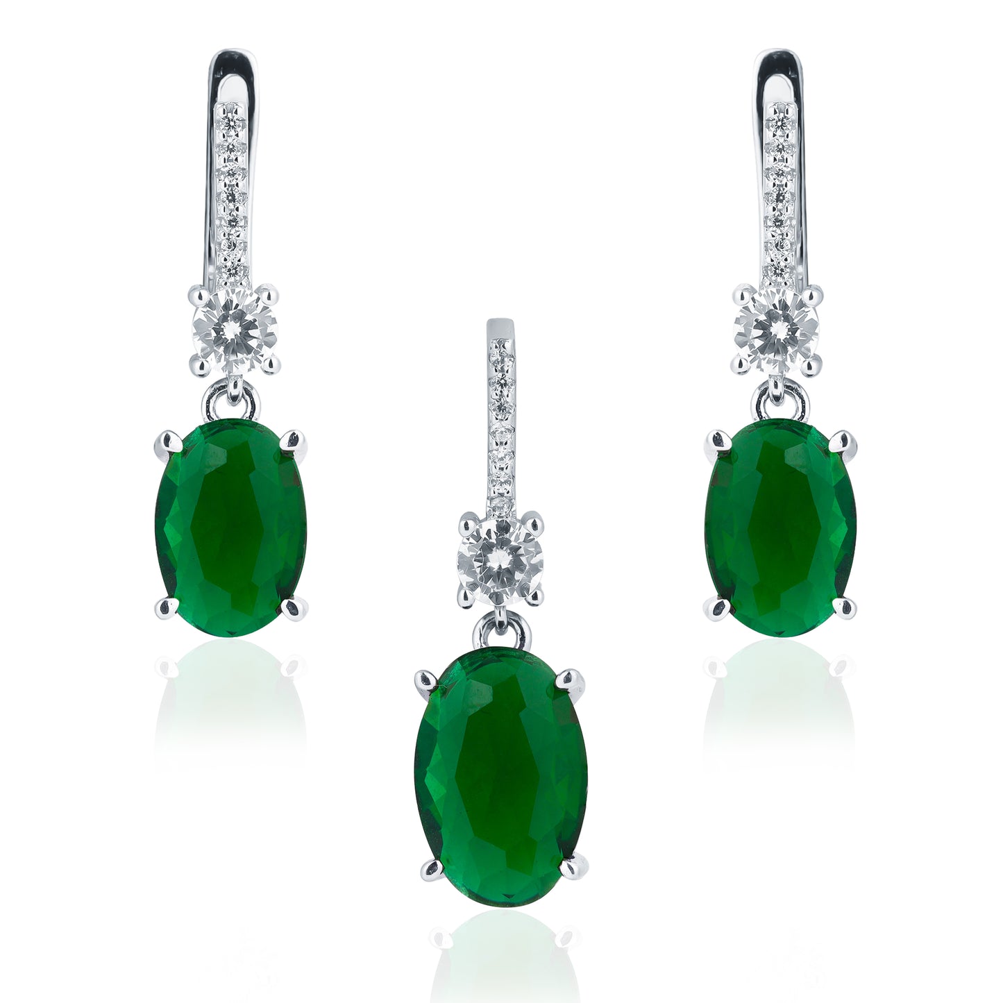 Silver Oval Emerald Pendant and Earring Set