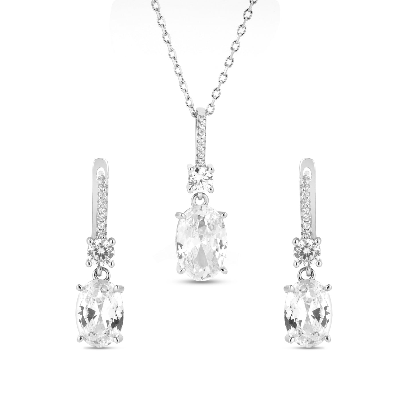 Silver Oval White Zircon Pendant and Earring Set