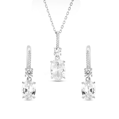 Silver Oval White Zircon Pendant and Earring Set