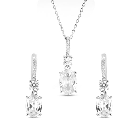 Silver Oval White Zircon Pendant and Earring Set