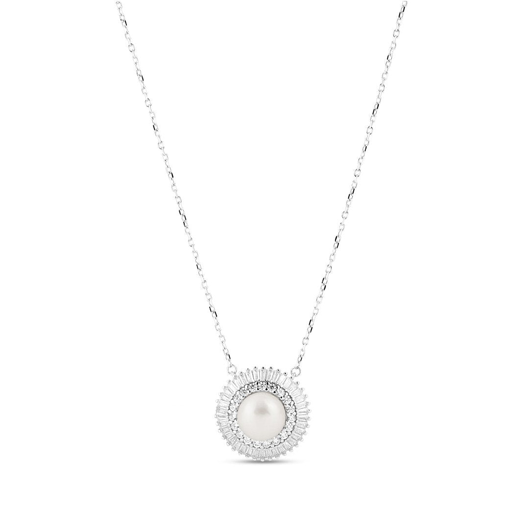 Round Double Halo Pearl Silver Pendant