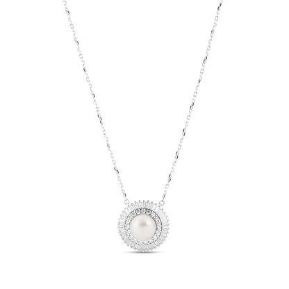 Round Double Halo Pearl Silver Pendant