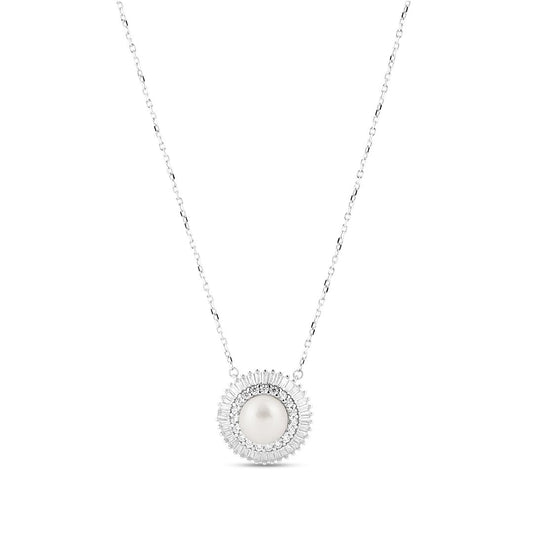 Round Double Halo Pearl Silver Pendant