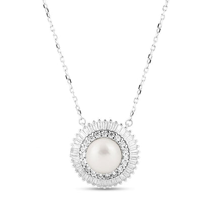 Round Double Halo Pearl Silver Pendant