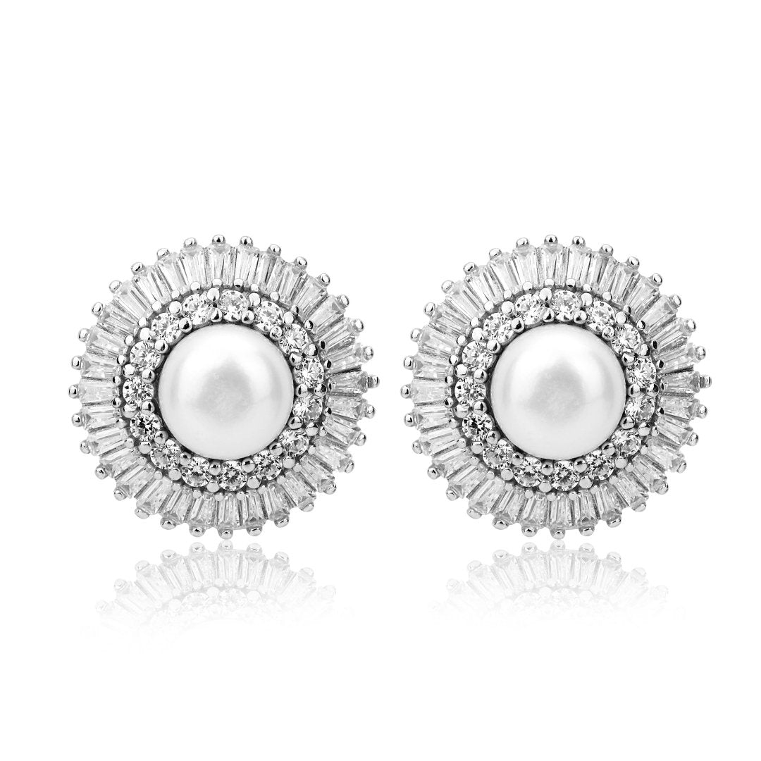 Diamond Look Bagguette and Tapper Bagguette Ziron Halo Pearl Stud