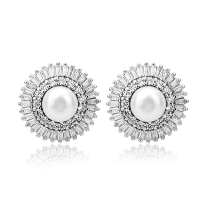 Diamond Look Bagguette and Tapper Bagguette Ziron Halo Pearl Stud