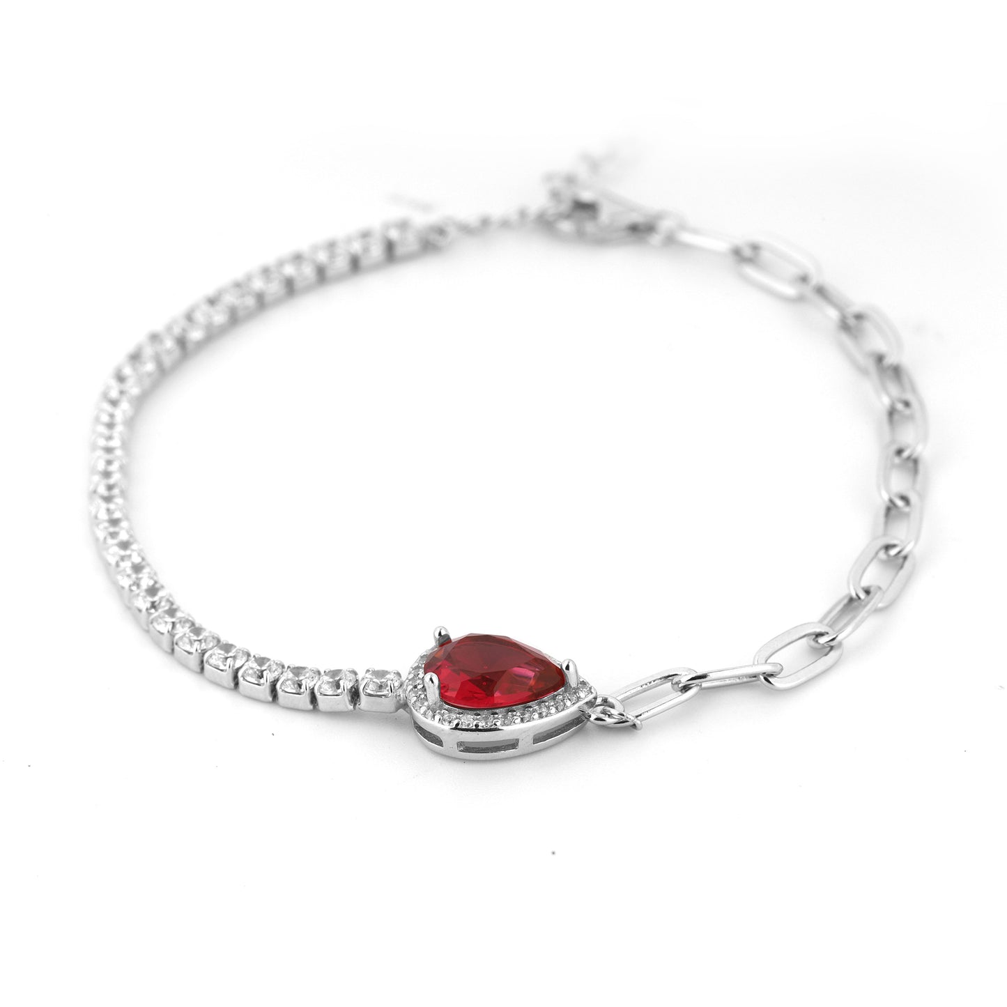 Red Pear Zircon and Paperclip Linking Silver Bracelet