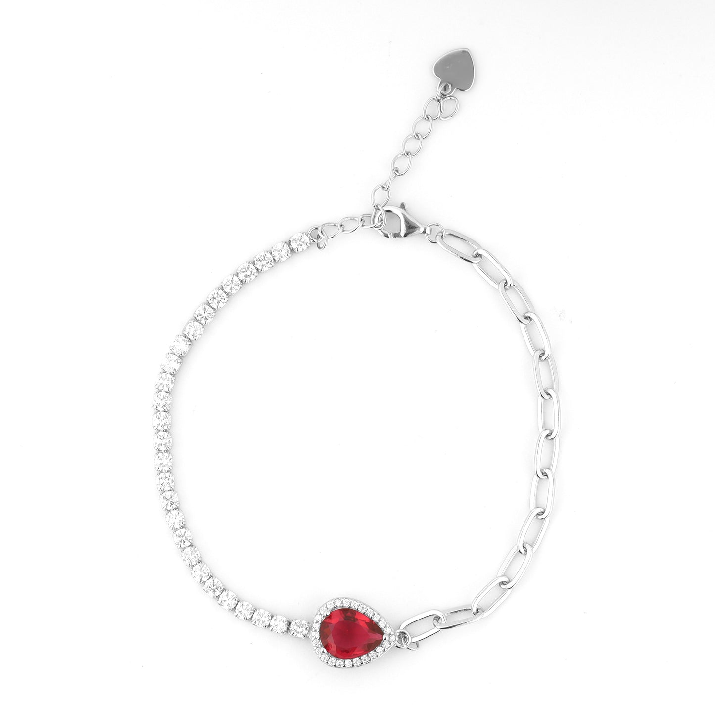 Red Pear Zircon and Paperclip Linking Silver Bracelet