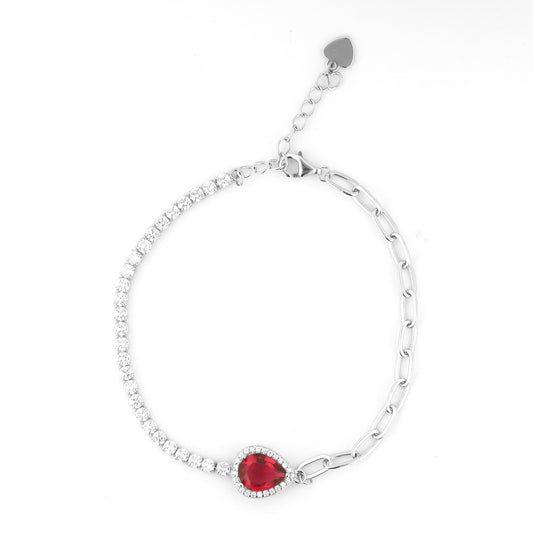 Red Pear Zircon and Paperclip Linking Silver Bracelet