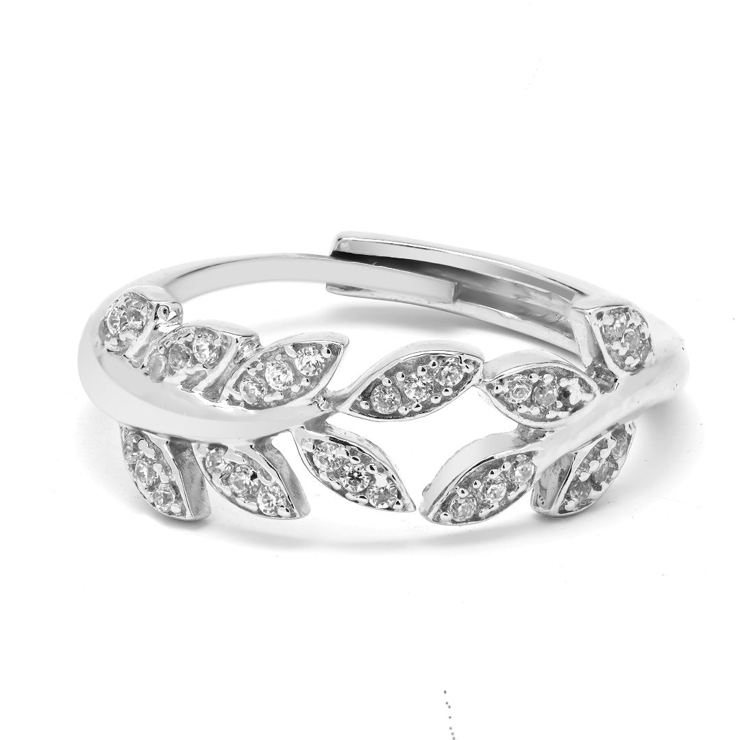 Adjustable Zircon-Studded Leaf Ring