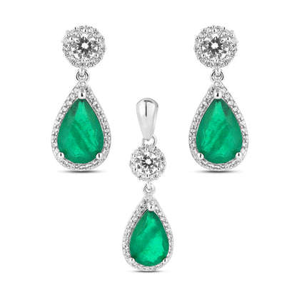 Silver Oval Cut Emerald Earring & Pendant Chain Set