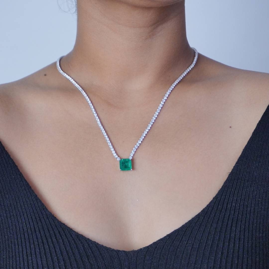 Silver Square Emerald Zirconia Tennis Necklace