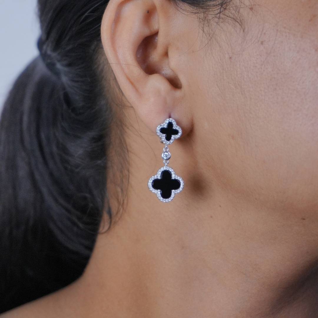 Black Inlay Clover Silver Earring