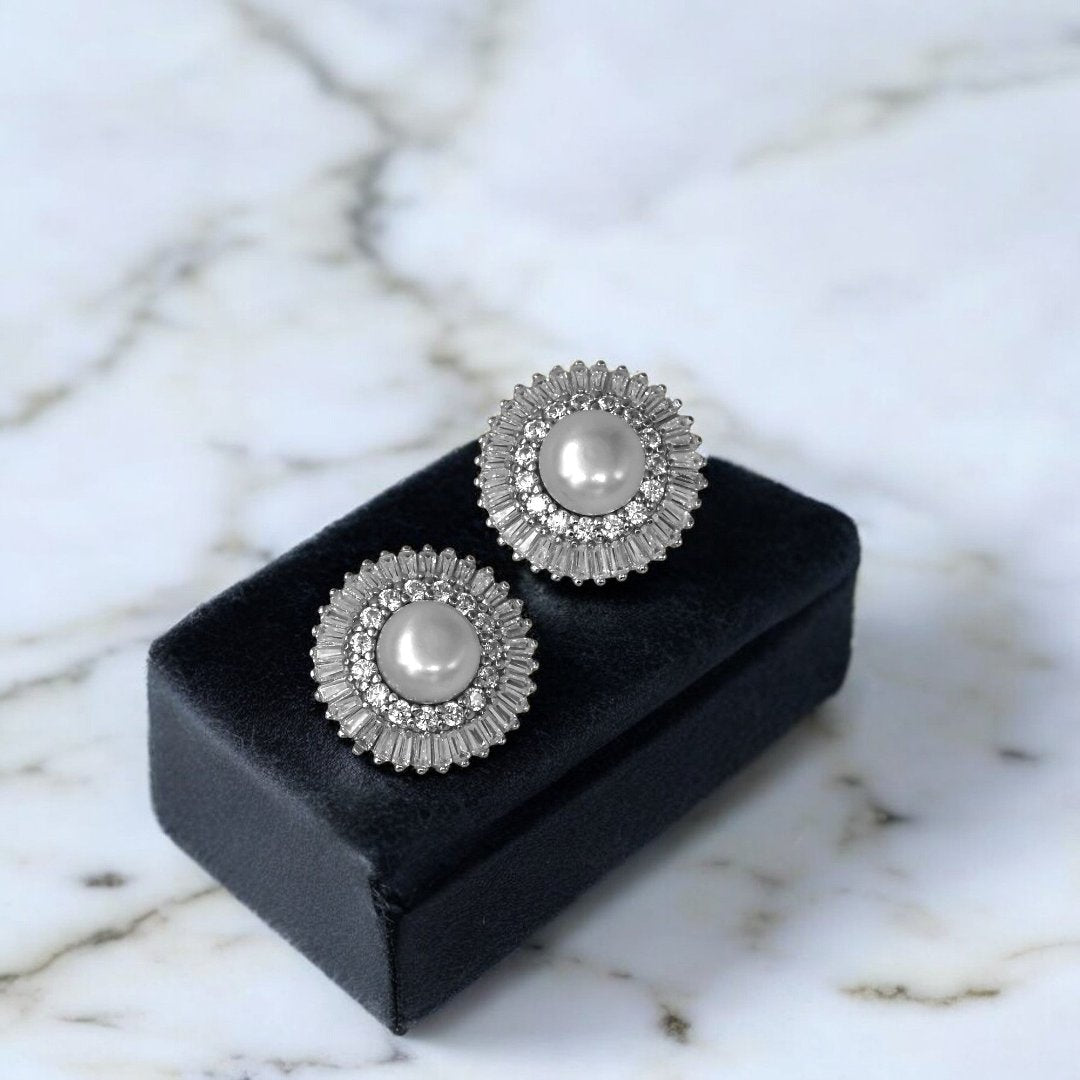 Diamond Look Bagguette and Tapper Bagguette Ziron Halo Pearl Stud