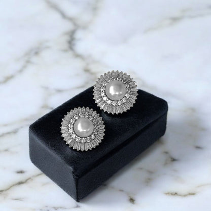 Diamond Look Bagguette and Tapper Bagguette Ziron Halo Pearl Stud