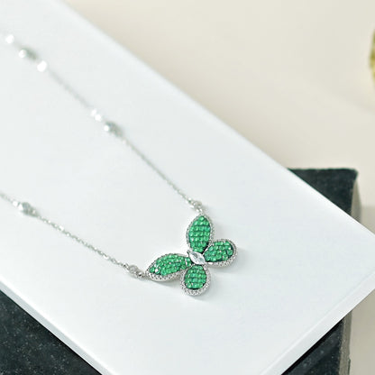 Flying Green Butterfly Silver Necklace