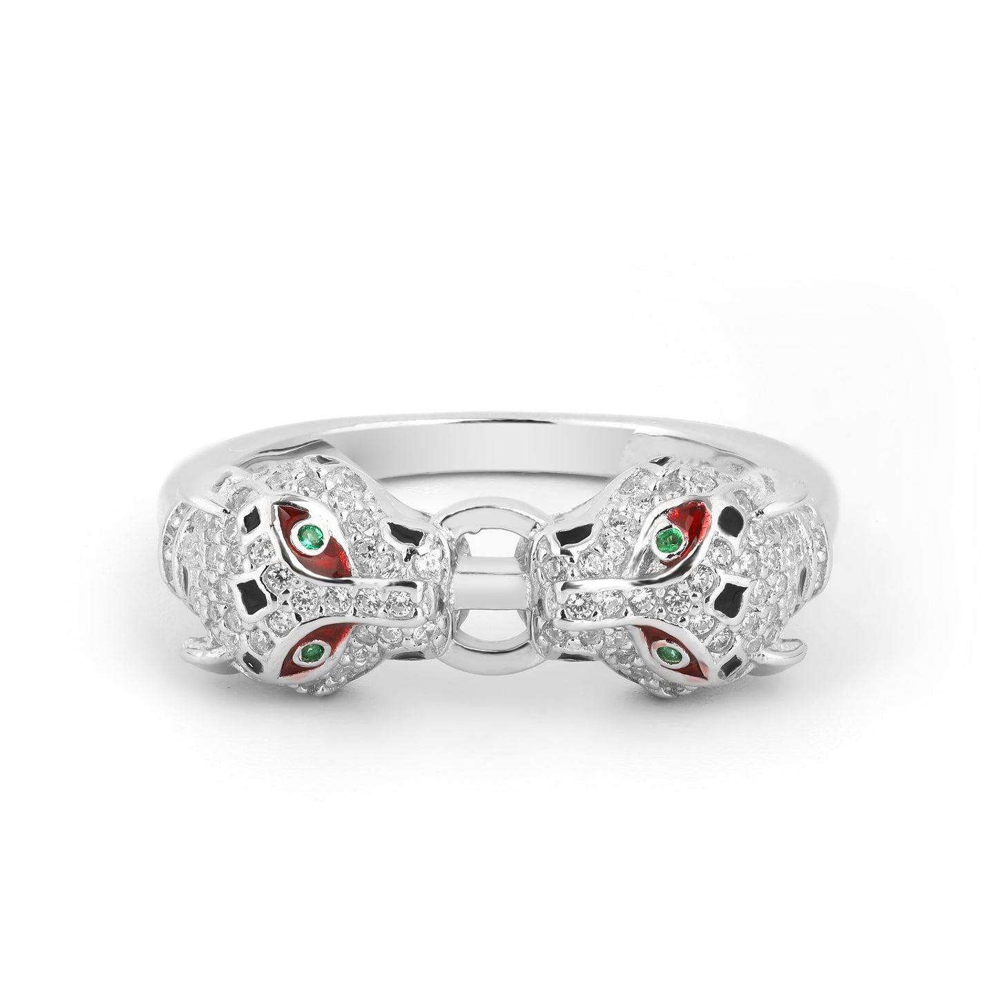 Double Jaguar Multi Color Zircon Silver Ring