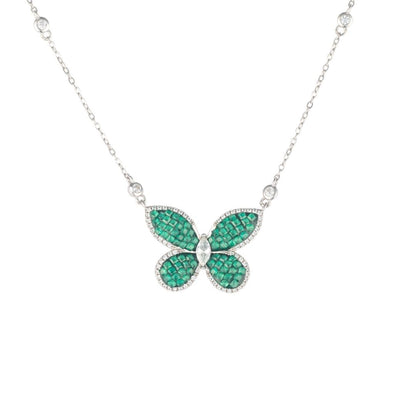 Flying Green Butterfly Silver Necklace