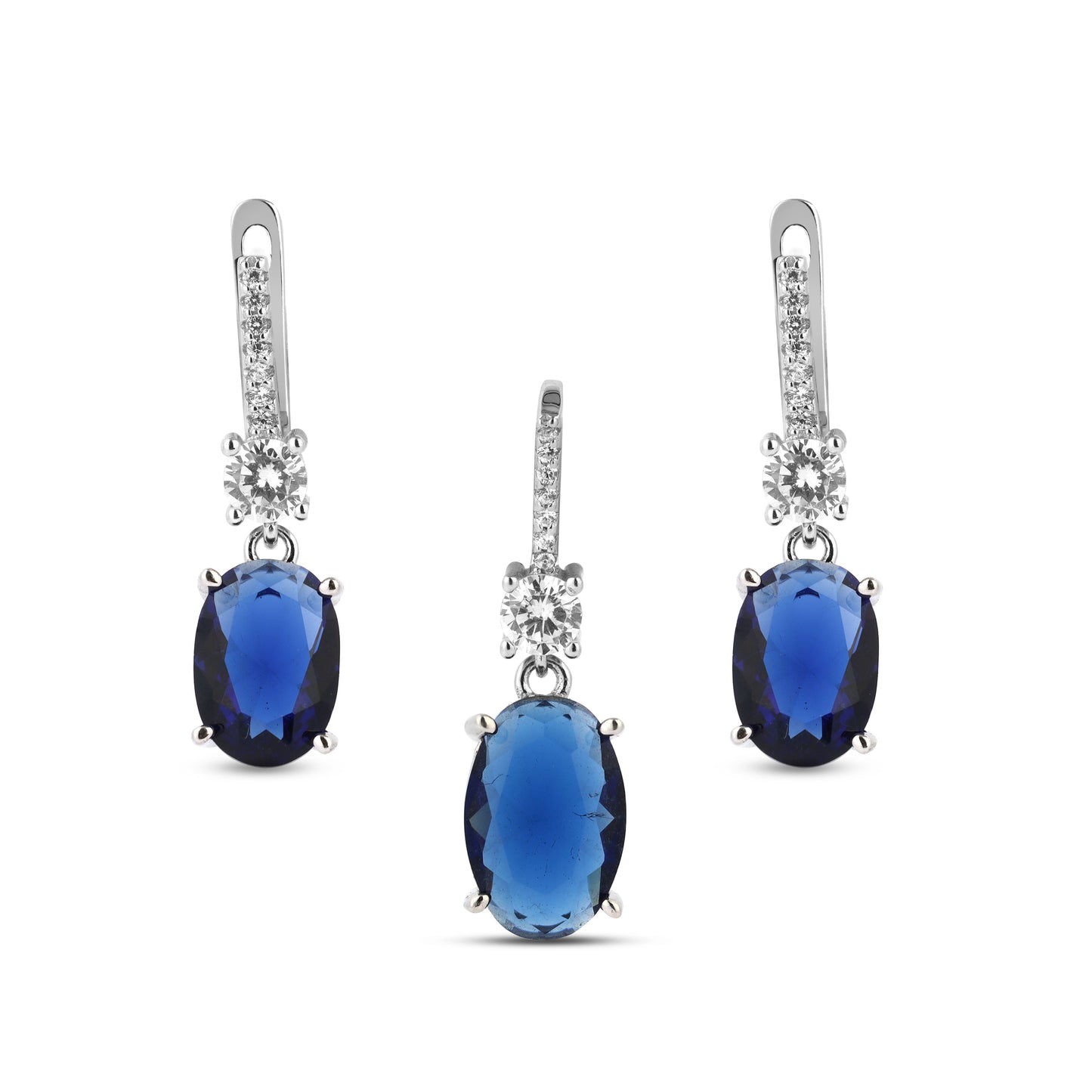 Silver Oval Sapphire Pendant and Earring Set