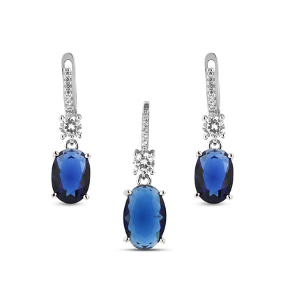 Silver Oval Sapphire Pendant and Earring Set