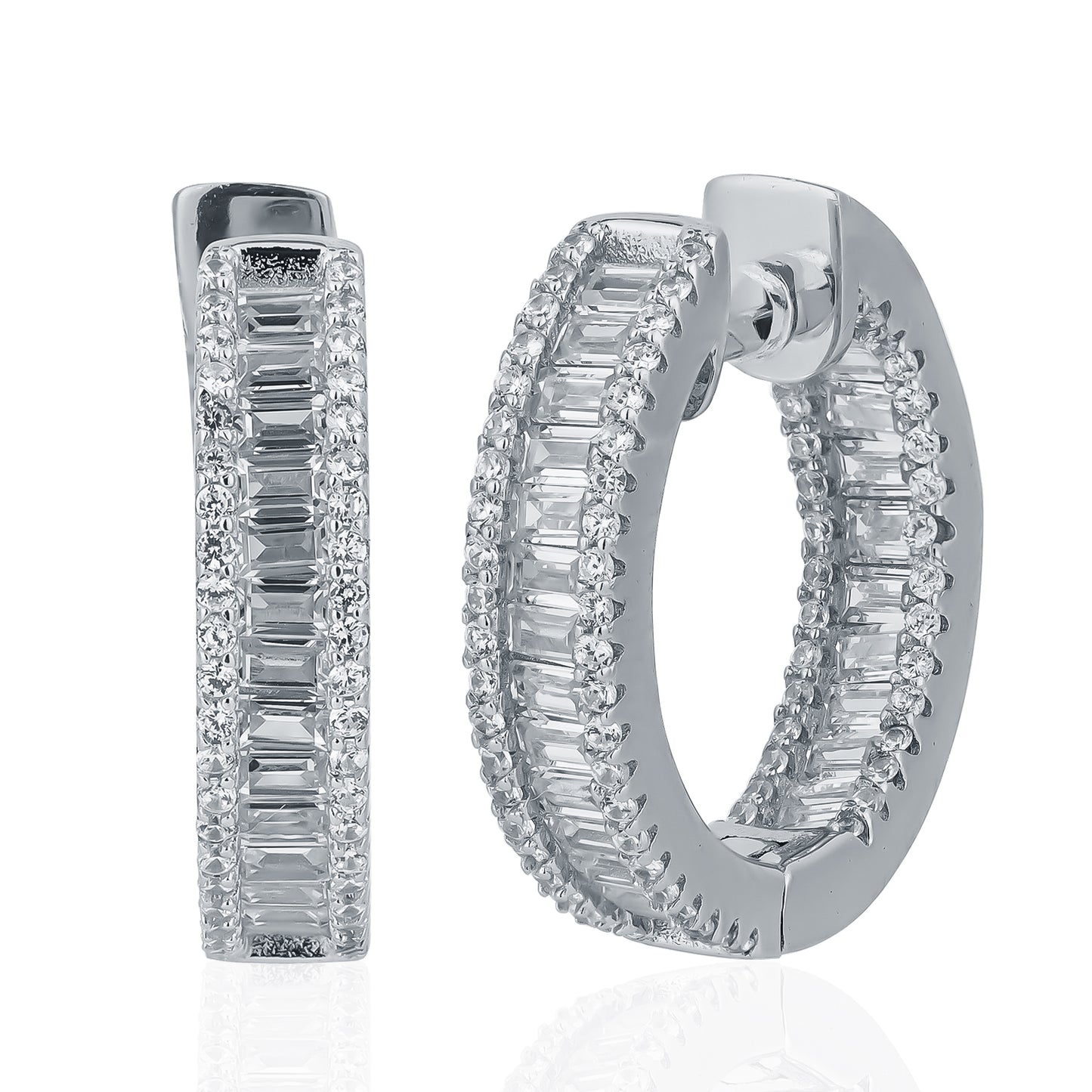 Classy Diamond Look Zircon Baguette Silver Hoop Earring 15MM