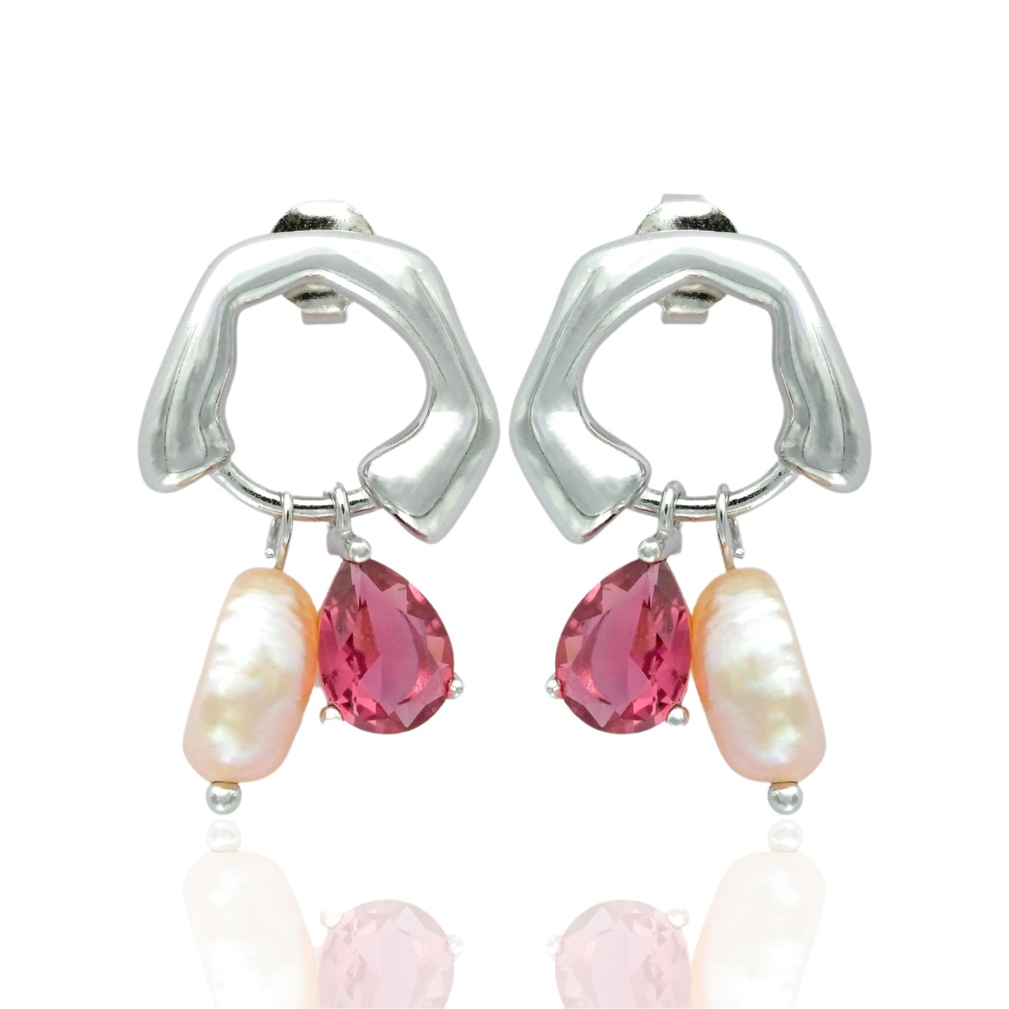 Red Zircon Pearl Drop Silver Earring