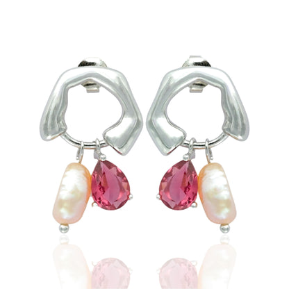 Red Zircon Pearl Drop Silver Earring