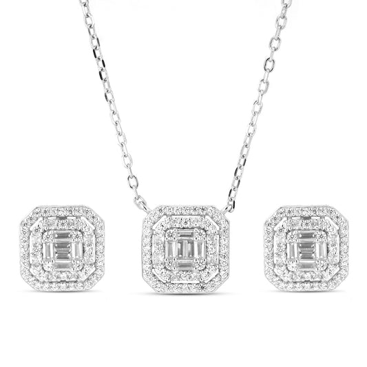 Princess Cut Zircon Pendant and Earring Silver Set