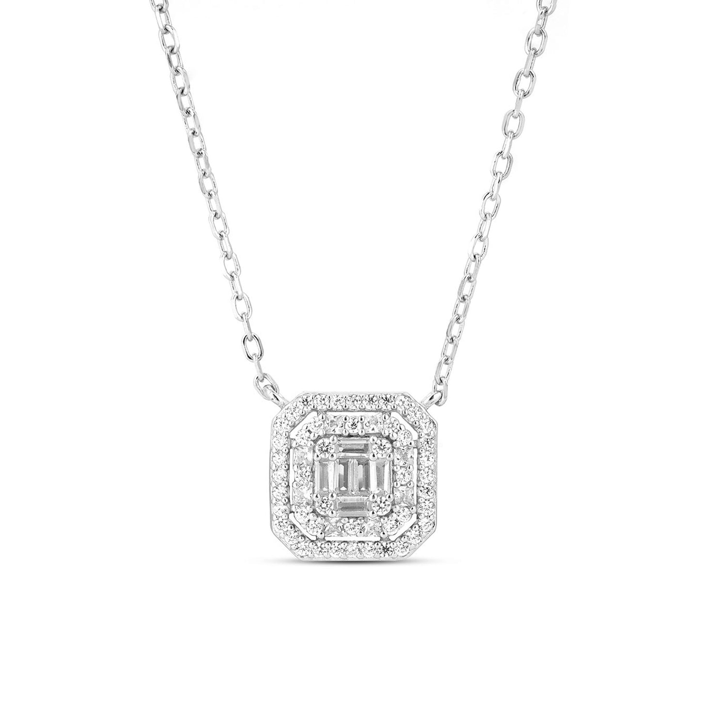 Princess Cut Zircon Pendant and Earring Silver Set