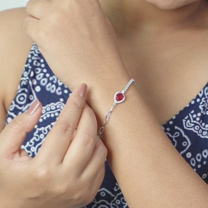 Red Pear Zircon and Paperclip Linking Silver Bracelet